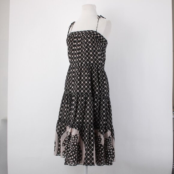 Tocca Dress Sz 4 Black Tan Ruffled Lined Fit Flare Cotton Silk Dress - Picture 5 of 16